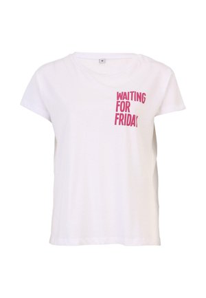 Biała koszulka z krótkim rękawem i okrągłym dekoltem, z różowym napisem "CZEKAM NA PIĄTEK" po lewej stronie. Wykonana z bawełny, w luźnym fasonie.