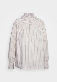 Vit långärmad blus med vertikala ränder i ljusa och mörka färger, med en volangkrage och knäppning fram. Tillverkad av bomull.