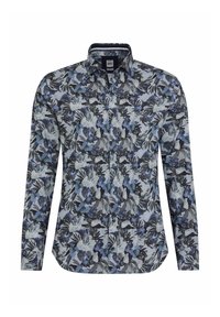 Langarmshirt in een bloemenpatroon met tinten blauw, grijs en zwart. Knoopsluiting, standaardkraag en een afgeronde zoom.
