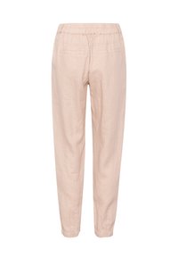 Light pink, linen trousers with an elastic waistband, side pockets, and elasticized cuffs. Smooth texture and relaxed fit.