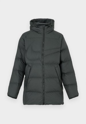 Puffer jacket in dark grey with a hood, featuring a zip front, two side pockets, and quilted texture for insulation.