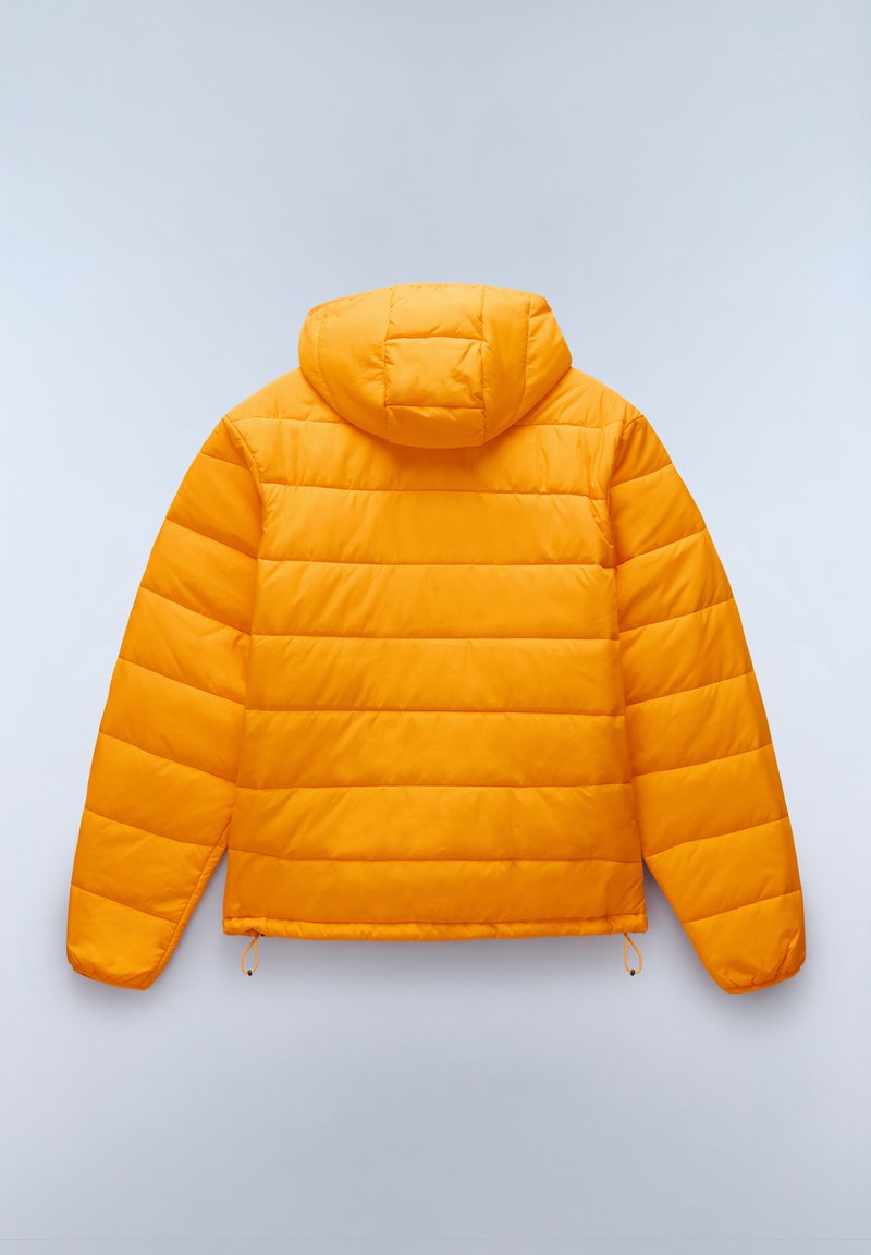 Giacca a vento arancione con cappuccio, dotata di sezioni trapuntate, polsini elastici e cordino all'orlo. Texture liscia e lucida.