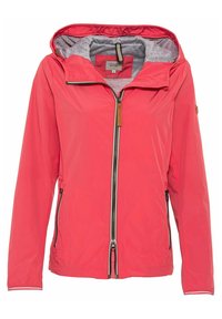 Veste à capuche rose corail vif avec fermeture éclair sur le devant et poches latérales zippées, avec une doublure intérieure grise douce et des poignets élastiques.
