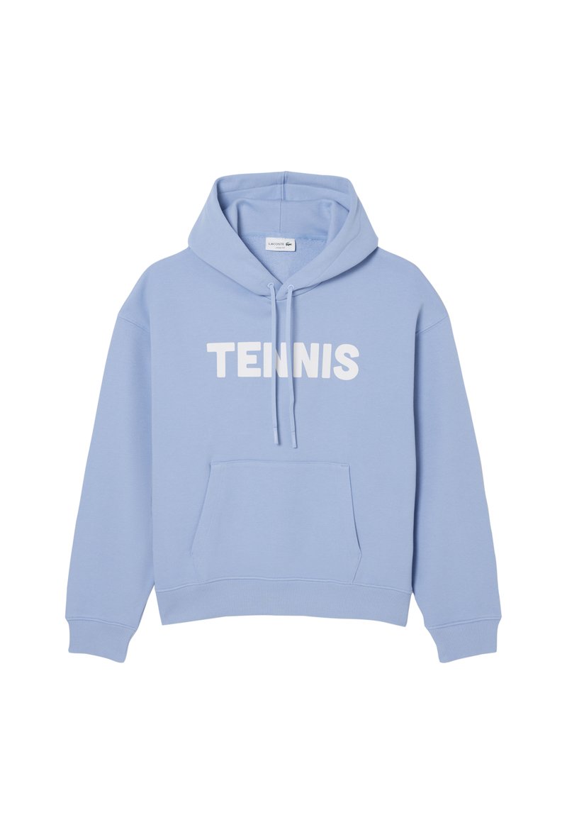 Felpa con cappuccio azzurro chiaro con tasca frontale e scritta bianca "TENNIS" sul petto.