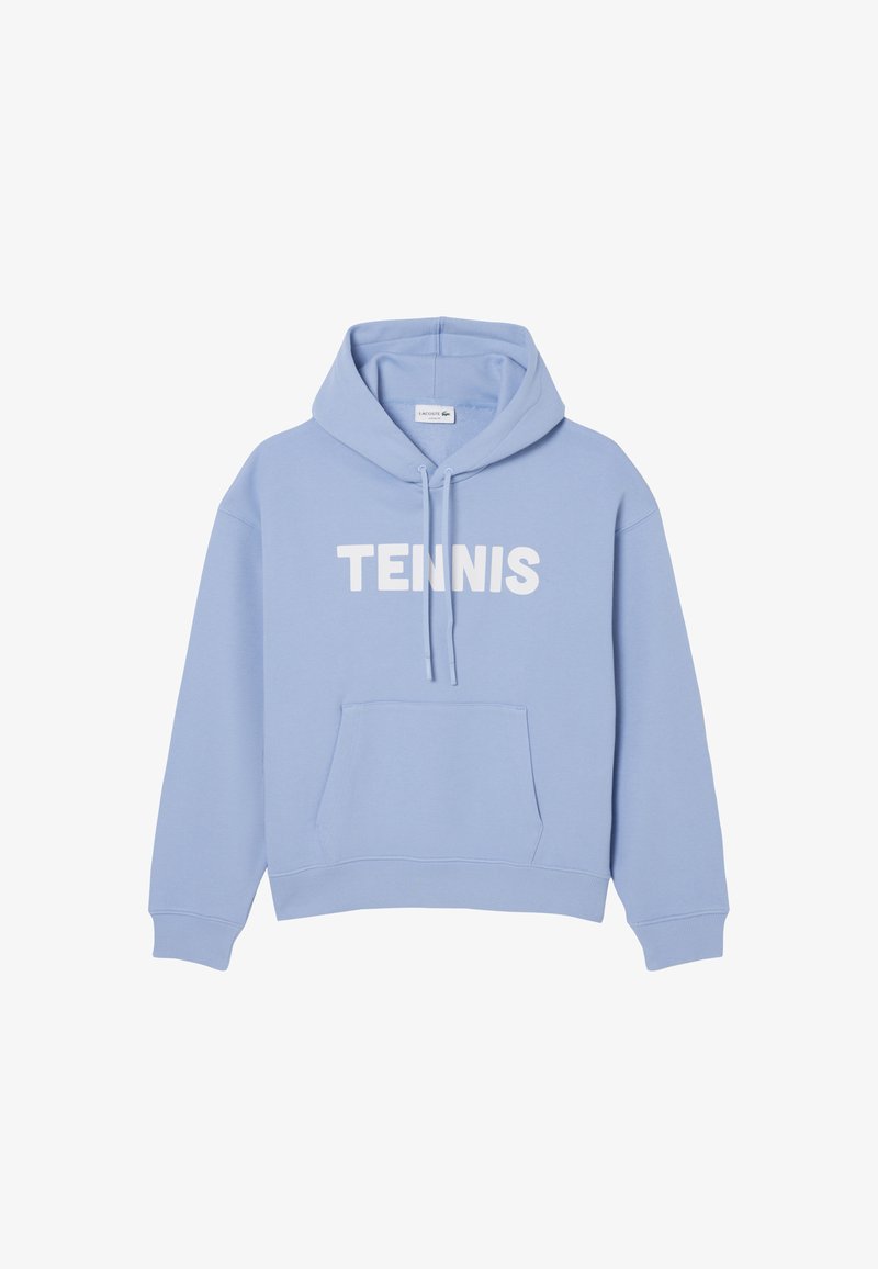 Felpa con cappuccio azzurro chiaro con tasca frontale e scritta bianca "TENNIS" sul petto.