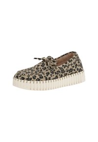 Zapatos slip-on con estampado de leopardo, con parte superior de tejido suave y suela gruesa y estriada blanca. Presenta un detalle de cordones a juego en la parte delantera.