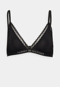 Crni triangle bralette s čipkastim rubom, sa podesivim trakama i logom. Mekani materijal s glatkom teksturom i delikatnim detaljima.