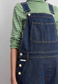 Džínové lacláče s nastavitelnými ramínky, zlatými knoflíky a přední kapsou. Nosené přes zeleno-bíle pruhovanou košili s dlouhým rukávem.