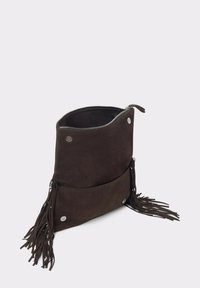 Brown suede bag with a zip closure, side snaps, and decorative fringes. Features a deep interior and a front pocket for additional storage.