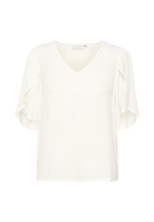 Balta trumpa rankovė viršutinė dalis su V formos iškirpte, tekstūruota medžiaga su subtiliu raštu ir plazdančiomis rankovėmis. Dizainas yra laisvas ir komfortiškas.