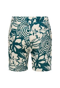 Pantalones cortos texturizados en crema, con un audaz patrón floral en teal. Incluye detalles de costura sutiles y un corte clásico.