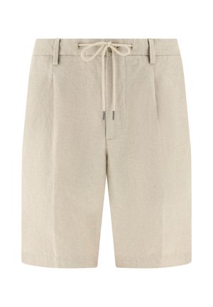 Beige Leinen-Shorts mit Gürtelschlaufen und einem Kordelzug an der Taille, mit einer sauberen, maßgeschneiderten Vorderseite.