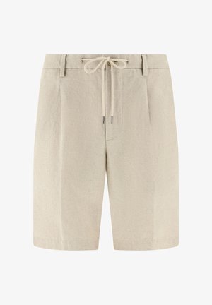 Beige Leinen-Shorts mit Gürtelschlaufen und einem Kordelzug an der Taille, mit einer sauberen, maßgeschneiderten Vorderseite.