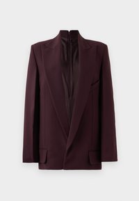 Sacou bordeaux cu guler înalt, închidere cu fermoar pe o singură parte, umeri structurați și buzunare frontale. Textură netedă și croială ajustată.