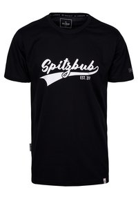 Zwarte T-shirt met korte mouwen, gemaakt van katoen, met een witte scriptlogo "Spitzbub" en "EST. 207" op de borst. Rechte halslijn, normale pasvorm.