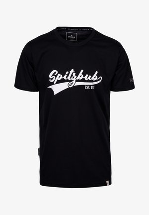 Black short-sleeve t-shirt made of cotton, featuring a white script logo "Spitzbub" and "EST. 207" across the chest. Flat neckline, regular fit.