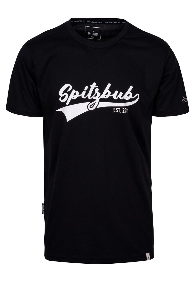 Zwarte T-shirt met korte mouwen, gemaakt van katoen, met een witte scriptlogo "Spitzbub" en "EST. 207" op de borst. Rechte halslijn, normale pasvorm.
