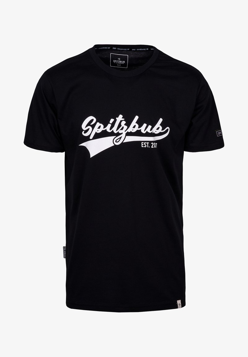 Schwarzes T-Shirt mit kurzen Ärmeln aus Baumwolle, mit einem weißen Schriftlogo "Spitzbub" und "EST. 207" auf der Brust. Flacher Halsausschnitt, normale Passform.