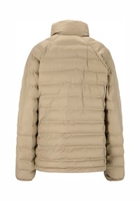 Beige dunjakke med vandret quiltet tekstur, høj krave og elastiske manchetter. Blødt, let materiale egnet til varme.