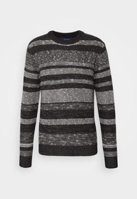 Svart och vit randig tröja med rund hals, strukturerad stickad tyg och ribbade ärmslut och nederkant. Har växlande breda och smala ränder.