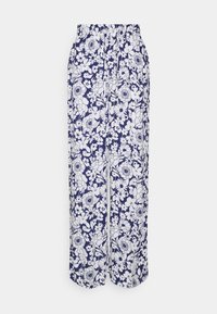 Blommiga vida byxor i marinblått med vita blommönster. Har ett elastiskt midjeband och mjukt, lätt tyg.