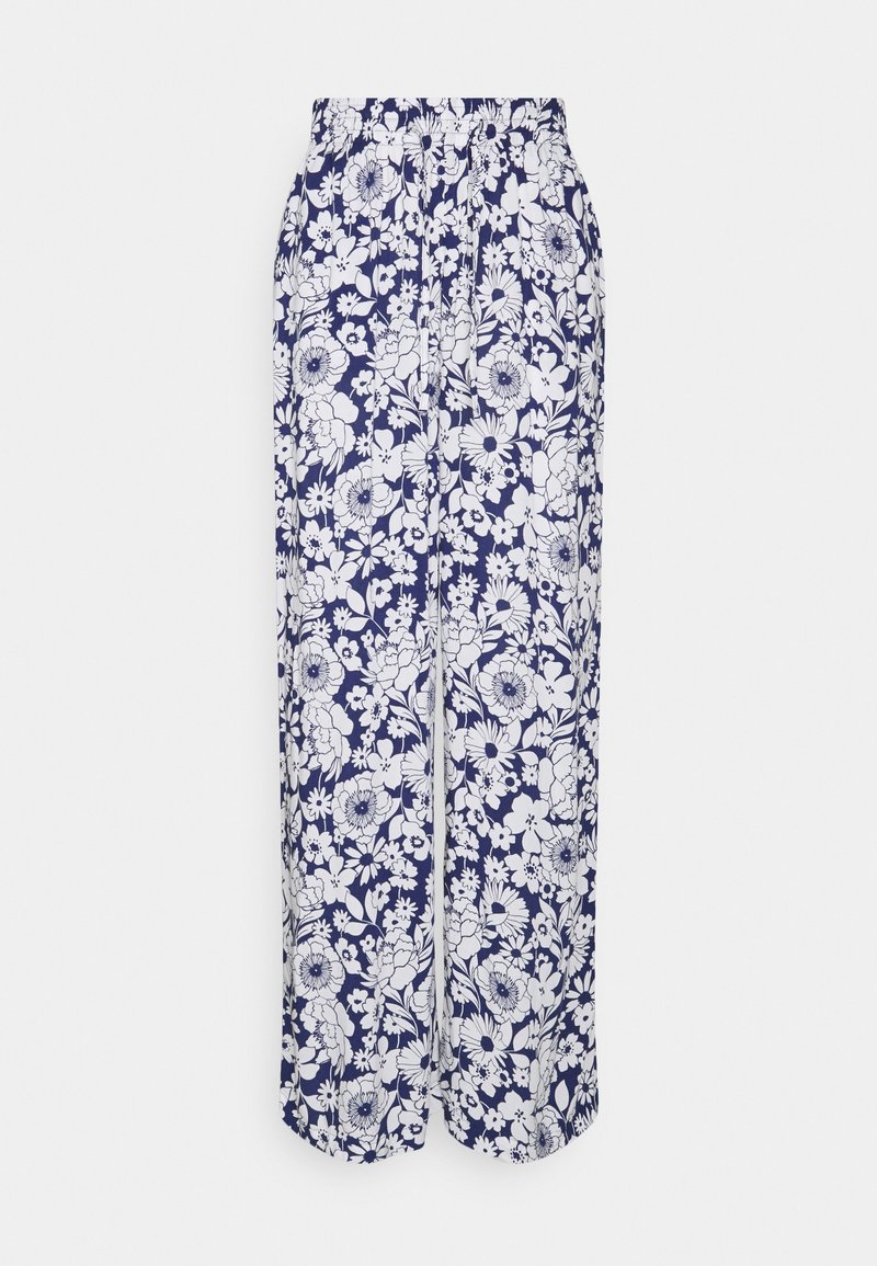 Pantalons larges à fleurs en bleu marine avec des motifs de fleurs blanches. Présentent une taille élastique et un tissu doux et léger.