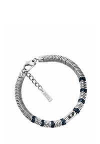 Bracciale in argento con segmenti intrecciati e accenti blu navy. Presenta un gancio a molla e un piccolo tag inciso con "DIESEL."