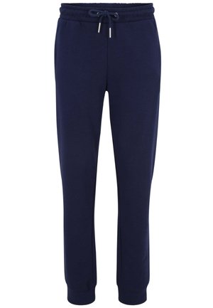 Pantaloni tuta blu navy, realizzati in tessuto morbido, con una vita elastica e cordino, gambe tapered e polsini a coste.