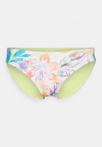 Flerfärgad bikiniunderdel med ett blommönster i pastellfärger, gröna detaljer och ett slätt, elastiskt tyg.