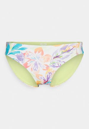 Parte inferior de bikini multicolor con un patrón floral en tonos pastel, detalles verdes y una tela suave y elástica.