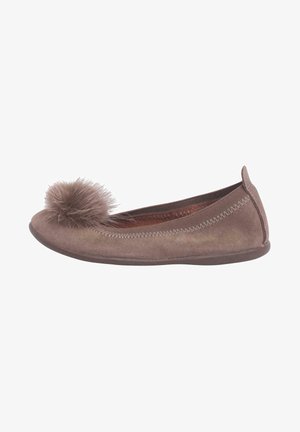 Brown suede ballet flat with a round toe and decorative pom-pom on the front. Features contrast stitching and a flexible outsole.