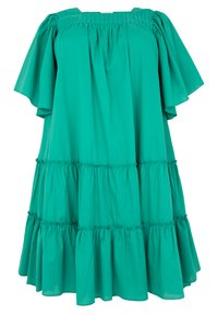 Turquoise katoenen jurk met een geplooide bustier, gelaagd ruffle zoom en korte capesleeves. Gladde stof, lichtgewicht ontwerp.
