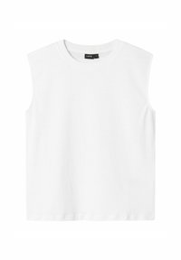 Bílý bezrukávový bavlněný top s kulatým výstřihem, který má rovný lem a minimalistický design, ideální na vrstvení nebo pro neformální nošení.