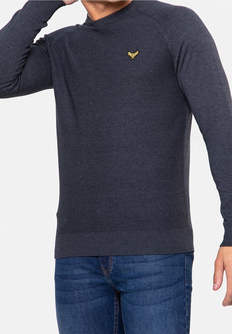 Hombre vestido con un suéter de punto de manga larga gris oscuro con un pequeño logo amarillo en el pecho y jeans azules, con un brazo levantado.
