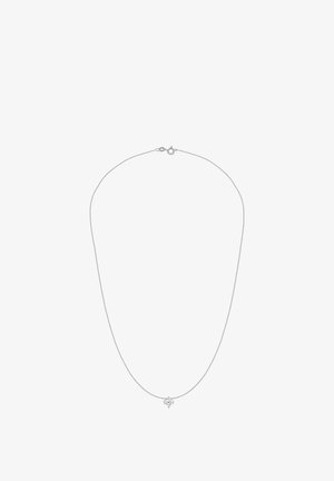 Srebrny naszyjnik z łańcuszkiem z delikatną zawieszką ozdobioną kryształem. Łańcuszek ma subtelny połysk i gładką teksturę.