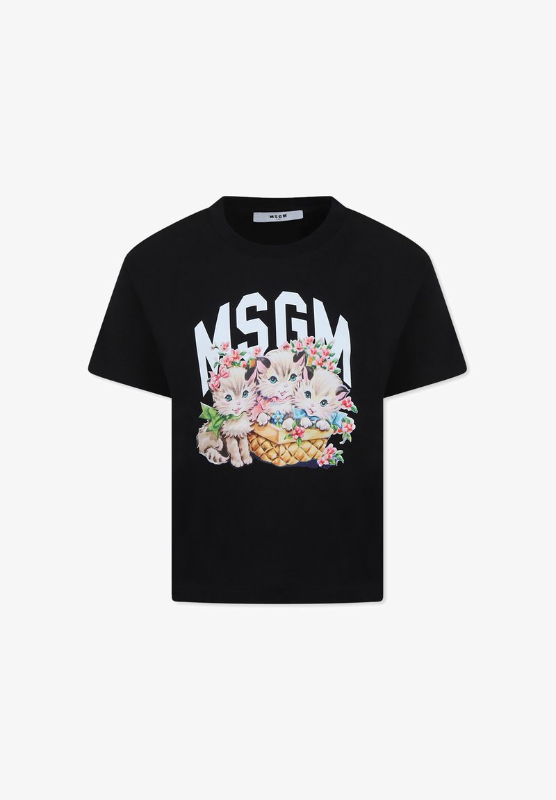 T-shirt di cotone nera con una grafica colorata di tre gattini in un cestino circondati da fiori, con "MSGM" stampato in grassetto bianche.