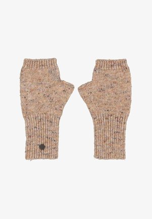 Beige fingerless gloves with ribbed cuffs, knitted texture, and a subtle speckled pattern. Features a circular logo accent on one glove.