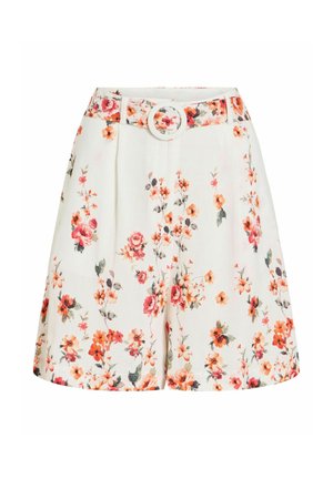 Pantalones cortos blancos de cintura alta con estampado floral naranja y rosa, con un cinturón a juego con hebilla redonda en la cintura.