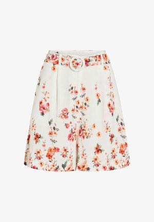 Pantaloncini bianchi a vita alta con stampa floreale arancione e rosa, con cintura abbinata con fibbia rotonda in vita.