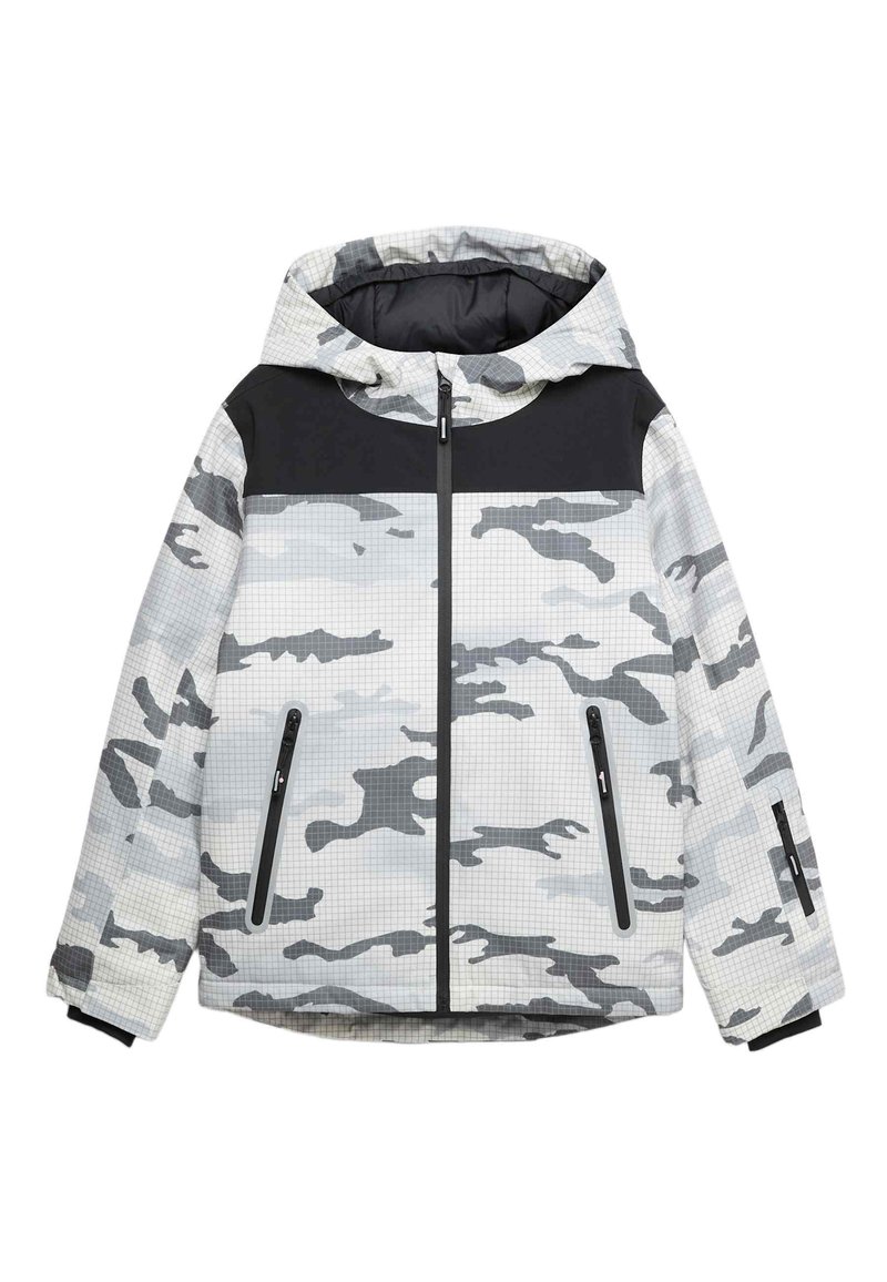Grå camouflagejakke med en sort panel på brystet, der har hætte, gittermønster og to frontlommer med lynlås.