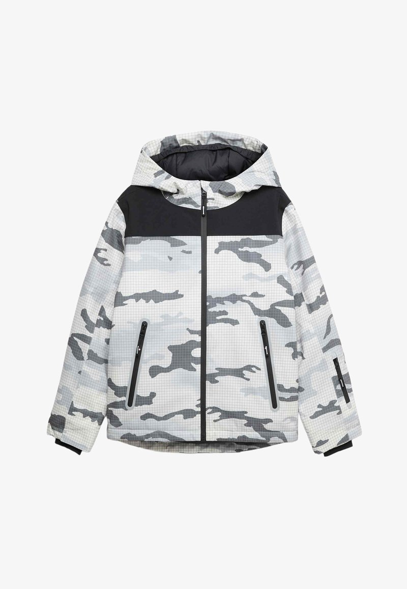 Grå camouflagejakke med en sort panel på brystet, der har hætte, gittermønster og to frontlommer med lynlås.