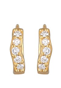 Goldene Creolen mit einem wellenförmigen Design, die sechs klare runde Kristalle in einer gebogenen Reihe präsentieren, mit polierten und strukturierten Oberflächen.