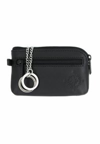 Pochette en cuir noir avec fermeture éclair, poche avant zippée, anneaux porte-clés argentés sur une chaîne et motif de boussole embossé en bas à droite.