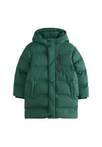 Mørkegrøn polstret parka med hætte, frontlynlås dækket af knaplukning, to sidelommer og en lodret brystlomme med lynlås.