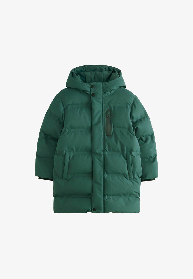 Parka matelassée vert foncé avec capuche, fermeture éclair frontale recouverte par une patte de boutons-pression, deux poches latérales et une poche zippée verticale sur la poitrine.
