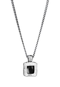 Silver necklace featuring a textured, square pendant with a black stone in the center. Chain has a twisted design, adding depth.