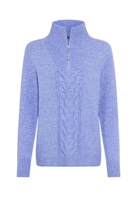 Hellblauer Strickpullover mit hohem Kragen, Frontreißverschluss und Zopfmuster im Brustbereich. Rippstrickbündchen und Abschlussdetails.