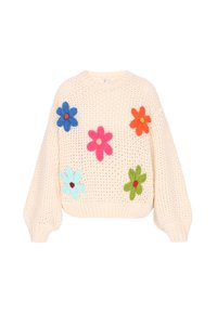 Gebreide crèmekleurige trui met oversized mouwen versierd met vilten bloemenapplicaties in blauw, roze, oranje en groen. Dikke textuur.