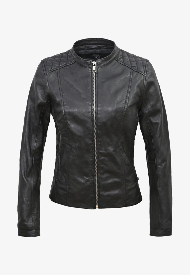 Schwarze Lederjacke mit einer taillierten Passform, gesteppten Schulterdetails und einem Reißverschluss vorne. Glatte Textur mit langen Ärmeln.