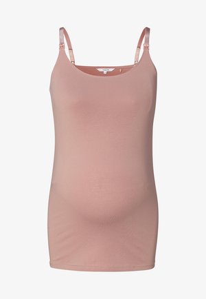 Stilltop für Schwangere aus weichem, dehnbarem pinken Stoff. Verfügt über verstellbare Träger und ein schlankes Design für Komfort und Passform während der Schwangerschaft.